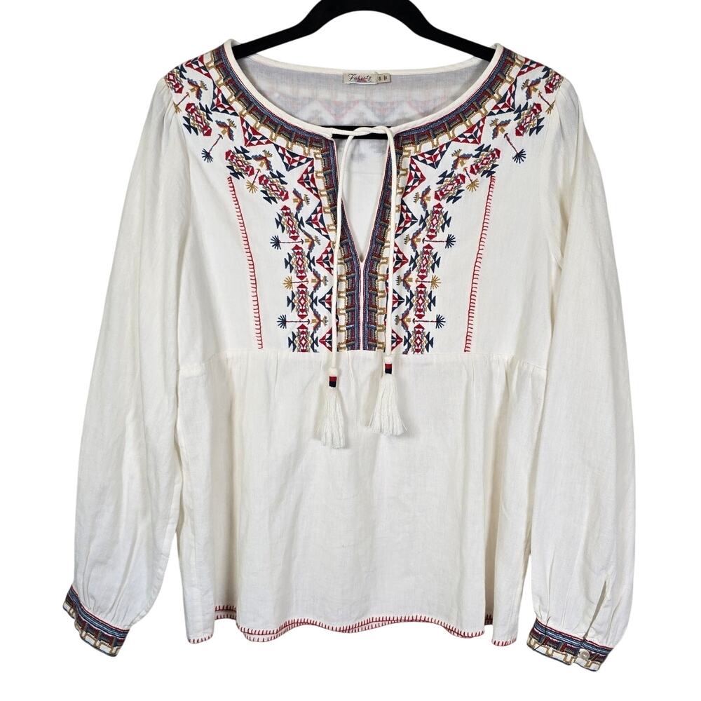 Faherty Tula Blouse Women's S White Multi Embroidered Boho Western Cowgirl READ